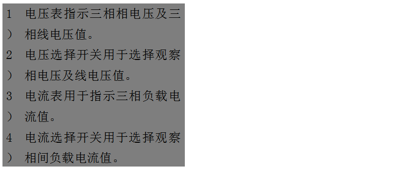 文本框: 1）	電壓表指示三相相電壓及三相線電壓值。
2）	電壓選擇開關(guān)用于選擇觀察相電壓及線電壓值。
3）	電流表用于指示三相負載電流值。
4）	電流選擇開關(guān)用于選擇觀察相間負載電流值。
5）	運行時間表用于指示柴油發(fā)電機組的累計運行時間。
6）	機油壓力表用于指示機組運行時的機油壓讀數(shù)。
7）	水溫表用于指示冷卻液溫度數(shù)值。
8）	頻率/轉(zhuǎn)速表用于指示輸出電力的頻率和機組的轉(zhuǎn)速。
9）	電池電壓表用于指示電池的充電電壓。

